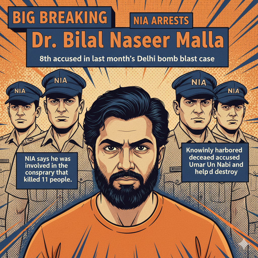 NIA Arrests 8th Accused in Delhi Bomb Blast Case: Dr. Bilal Naseer Malla Charged with Harboring Terrorist